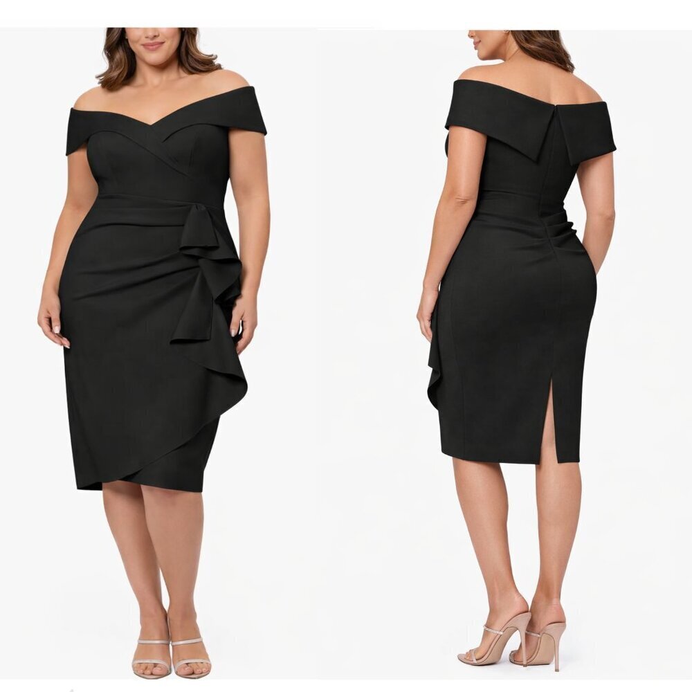 Xscape Ruffle Off the Shoulder Scuba Knit Cocktail Dress Size 16W NWT